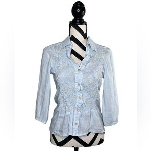 Sunday Sz XS Linen Coquette Embroidered 3/4 Sleeve Button Front Blouse